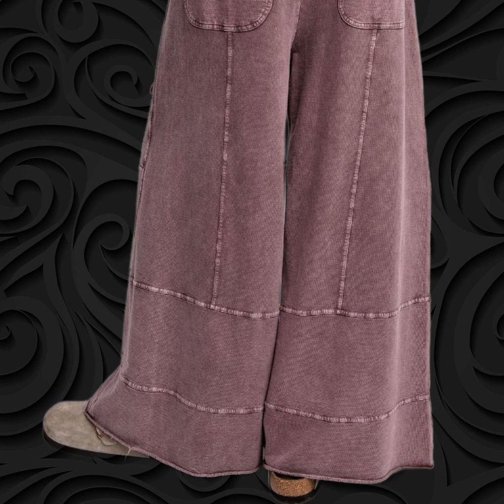 EASEL Perfect Cargo LUX Premium Mineral Wash Wide Leg Pant Raw Hem Seam Details - Picture 10 of 11